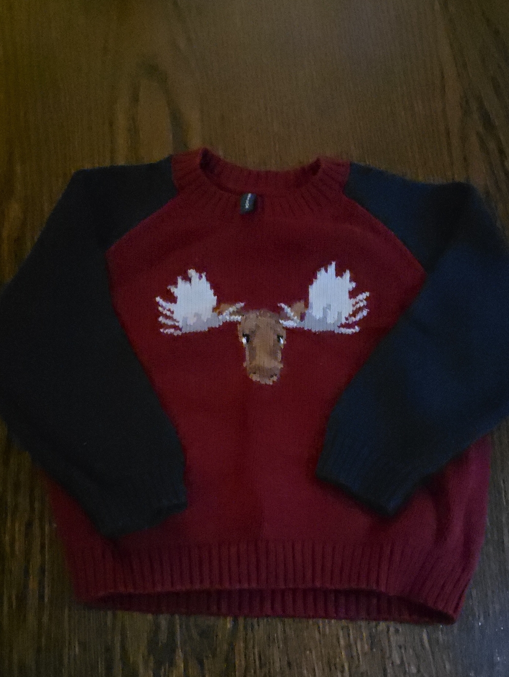 Janie and Jack Red Sweater with Navy Sleeves and Moose Intarsia